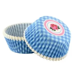 Caissettes cupcakes "Vichy bleu, décor rose" (x50)