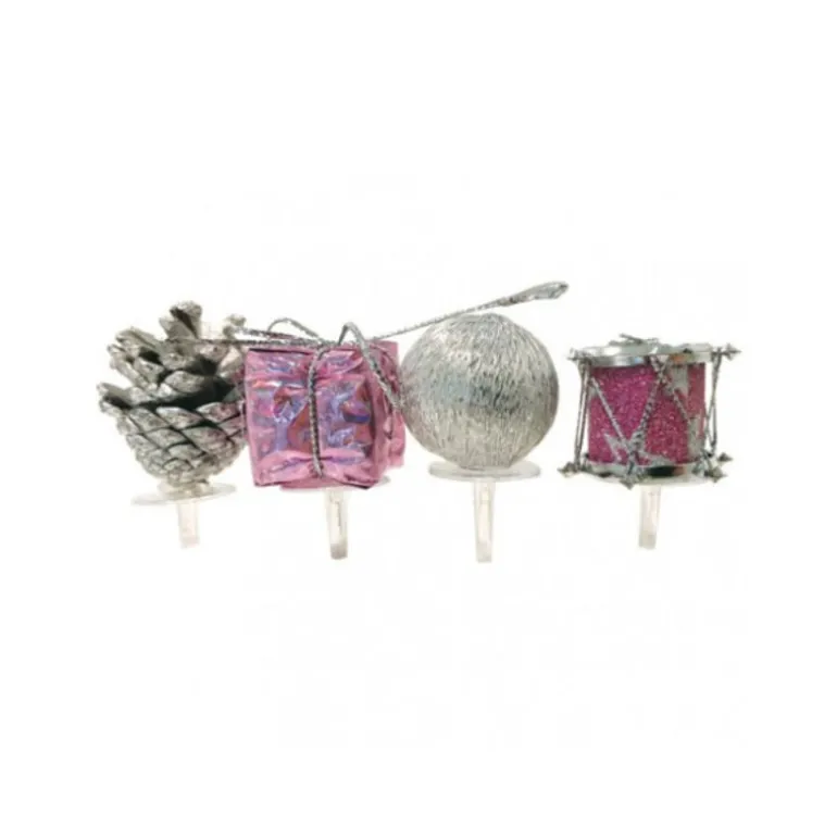 Décors de Noël assortis rose argent sur pique (x4)