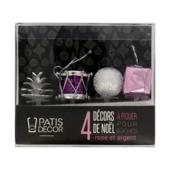 Décors de Noël assortis rose argent sur pique (x4)