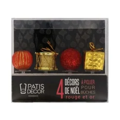 Décors de Noël assortis rouge doré sur pique (x4)