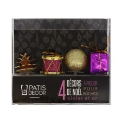Décors de Noël assortis violet doré sur pique (x4)